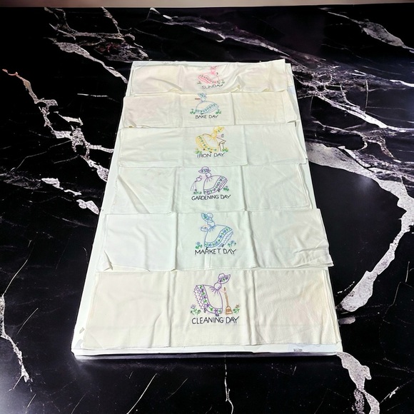 Vtg 60s Lot of 6 Hand Cross Stitch Cotton Kitchen Tea Towels 28x28 Colonial Lady - Picture 1 of 15